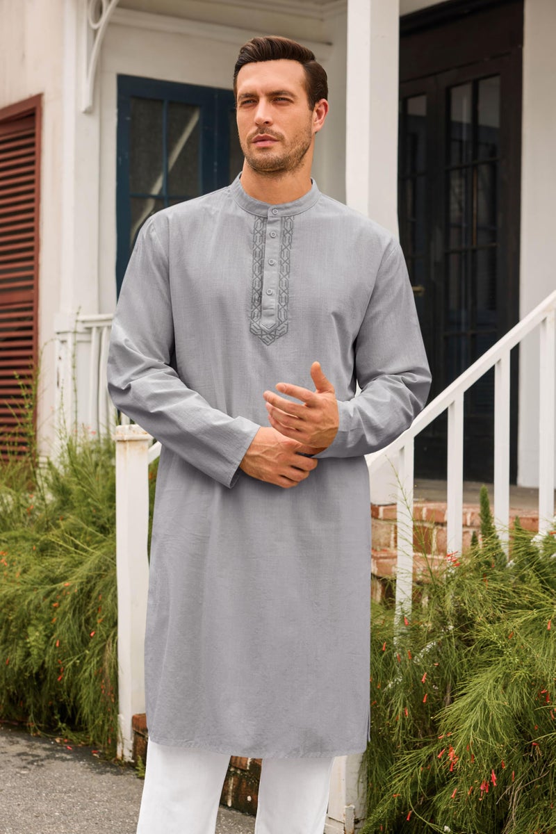 Runcati Mens Kaftan Thobe Button Down Casual Henley Shirts Long Sleeve Robe Cotton Linen Muslim Gown Shirt Grey - Image 2