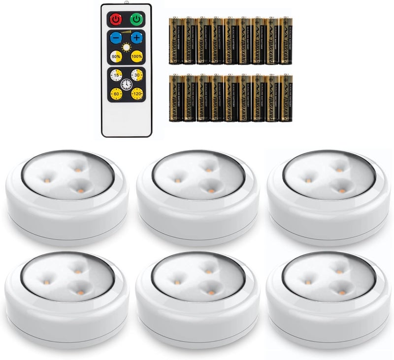 Brilliant Evolution Stick On Push Lights - 6 Pack Remote Controlled LED Lights Under Cabinets - DIY Stick On Lights for Closet, Counter, Kitchen - Battery Operated Puck Lighting with Remote - Image 1