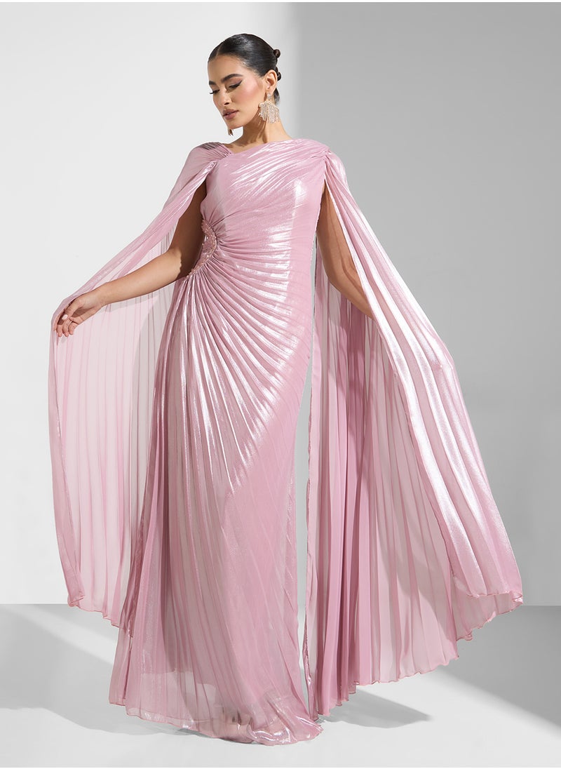 Namshi x - Pleated Shimmer Draped Evening Dress With Trail - Image 1