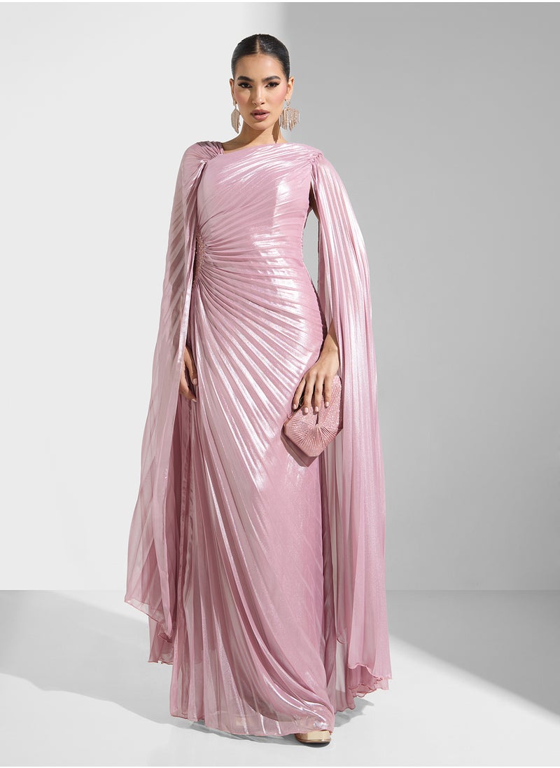 Namshi x - Pleated Shimmer Draped Evening Dress With Trail - Image 1