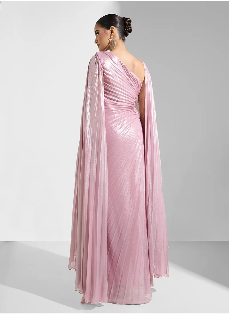 نمشي x Pleated Shimmer Draped Evening Dress With Trail