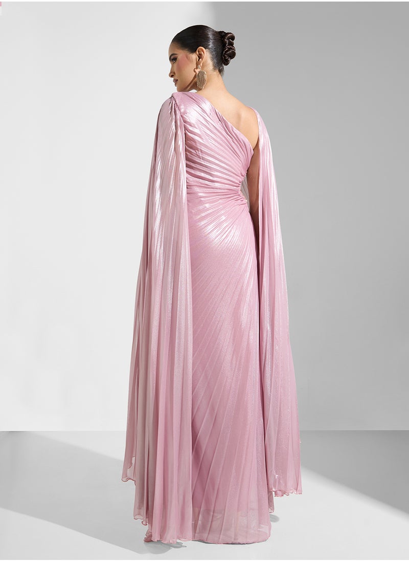 Namshi x - Pleated Shimmer Draped Evening Dress With Trail - Image 1