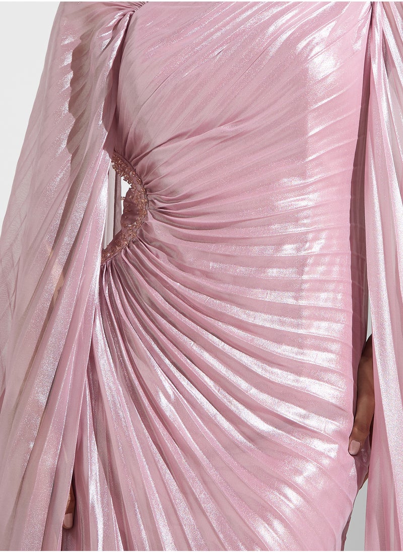 Namshi x - Pleated Shimmer Draped Evening Dress With Trail - Image 1