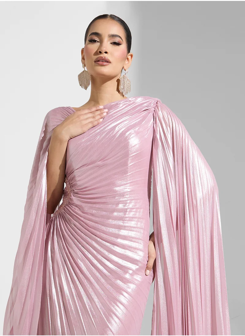 نمشي x Pleated Shimmer Draped Evening Dress With Trail