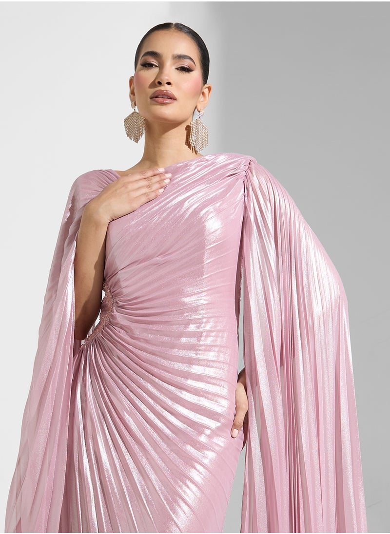 Namshi x - Pleated Shimmer Draped Evening Dress With Trail - Image 1