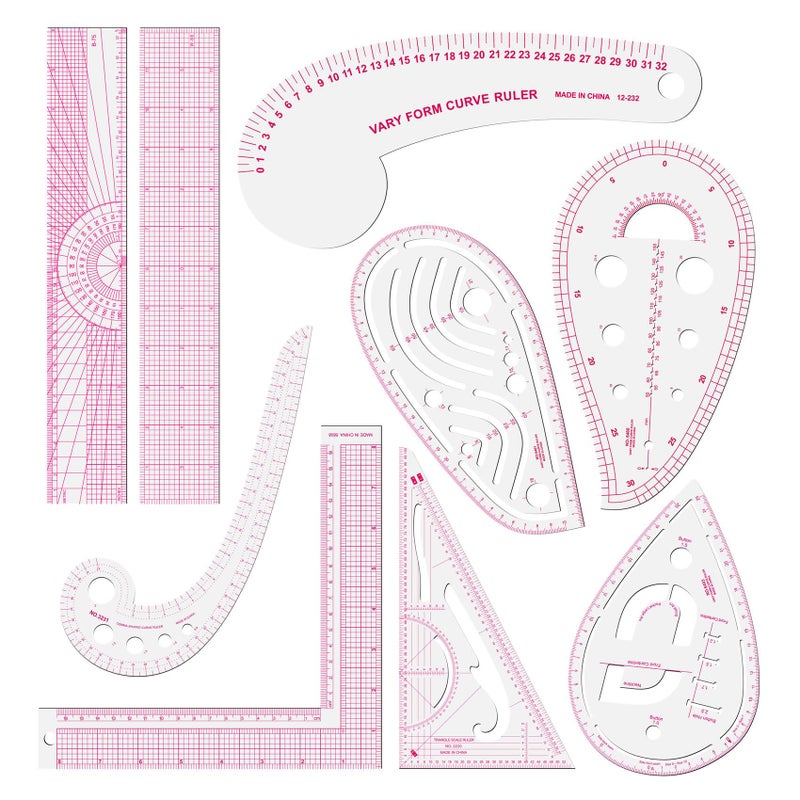 LINXIAO Fashion Clear Metric Sewing Ruler Set,French Curve Pattern Rulers for Beginners, Tailors, Designers, Quilting, Embroidery, Cross Stitch, Crochet, Knitting 9pcs - Image 1