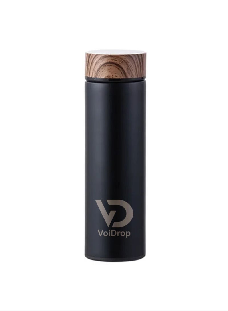Insulated Water Bottle 500ml Stainless Steel Water Bottles Water Bottle With Wooden Design lid Water Filter bottle For Travel School Water Bottle Lightweight Water Bottle16OZ (Black)  - Image 1