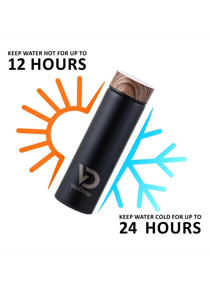 Insulated Water Bottle 500ml Stainless Steel Water Bottles Water Bottle With Wooden Design lid Water Filter bottle For Travel School Water Bottle Lightweight Water Bottle16OZ (Black)  - Image 3