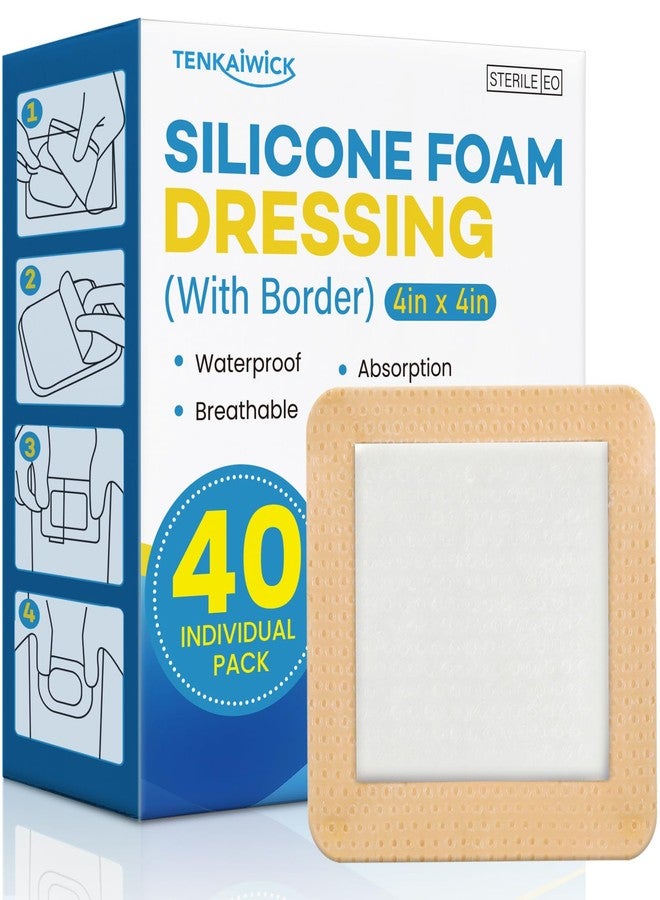 TENKAIWICK 40 Pack Silicone Foam Dressing 4"x4" with Adhesive Border, High Absorbency Silicone Bandages, Waterproof Foam Bandages for Wounds Care, Bed Sore, Diabetic Foot Ulcers - Image 1