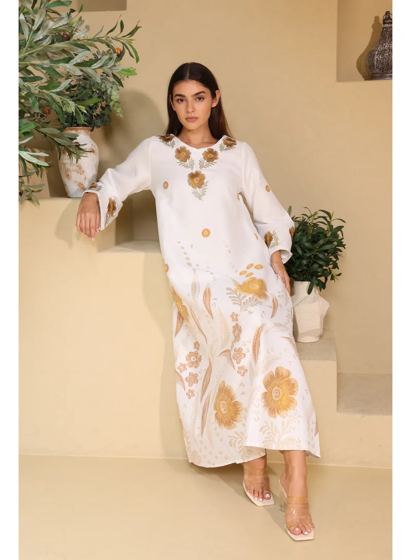 IKKXA Floral Details Classic Linen Jalabiya