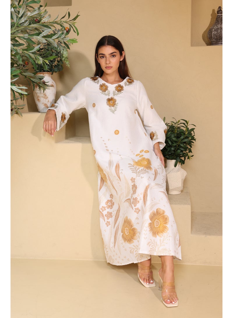 IKKXA Floral Details Classic Linen Jalabiya - Image 1