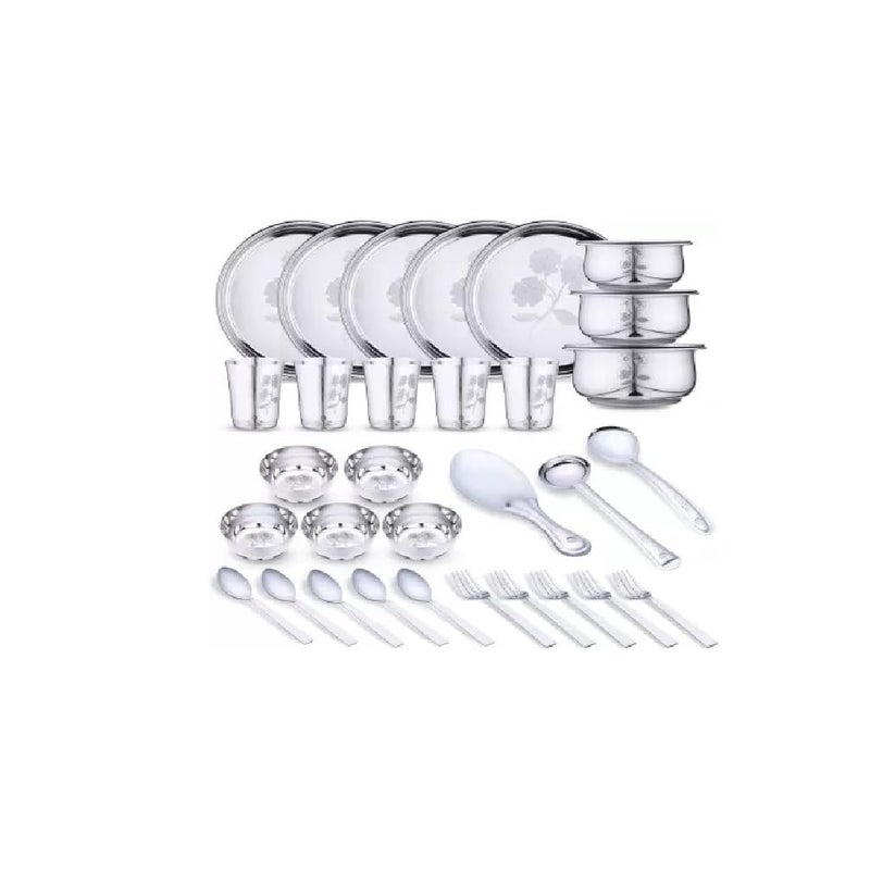 Klassi Kichen Stainless Steel Flower Dinner Set Kitchen Set for Home Heavy Gauge Stainless Steel Permanent Glory Design Laser Engraving Set of 34 - Image 1