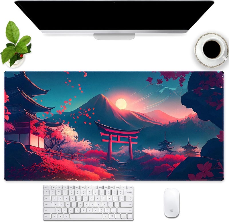 ELECDON Anime Art Desk Mat Large Gaming Mouse Pad, ELECDON Pink Japanese Cherry Blossom Theme Aesthetic Mousepad Computer Laptop Desk Pad with Durable Stitched Edge Non-Slip Rubber Base 31.5''X15.7'' - Image 1