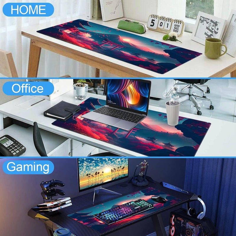 ELECDON Anime Art Desk Mat Large Gaming Mouse Pad, ELECDON Pink Japanese Cherry Blossom Theme Aesthetic Mousepad Computer Laptop Desk Pad with Durable Stitched Edge Non-Slip Rubber Base 31.5''X15.7'' - Image 3