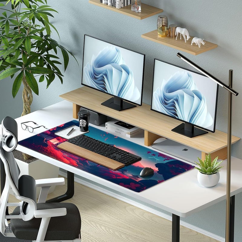 ELECDON Anime Art Desk Mat Large Gaming Mouse Pad, ELECDON Pink Japanese Cherry Blossom Theme Aesthetic Mousepad Computer Laptop Desk Pad with Durable Stitched Edge Non-Slip Rubber Base 31.5''X15.7'' - Image 2