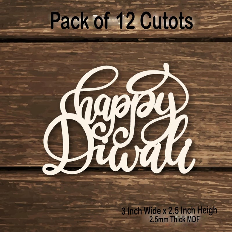 CLITHS Happy Diwali Wooden MDF Cutout 3x2.5 Inch for Diwali Decoration- Pack of 12, Craft Items, Eco-Friendly MDF Cutouts for Festive Home Decor - Image 2