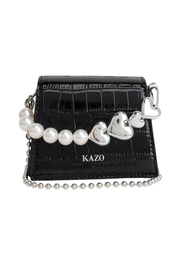 Kazo Women’s Black Faux Croc Textured Mini Shoulder Bag with Pearl & Heart Chain Strap | Stylish Crossbody Handbag for Party & Casual Use - Image 1