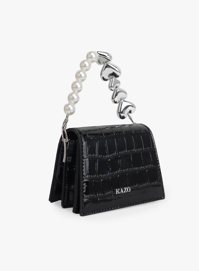 Kazo Women’s Black Faux Croc Textured Mini Shoulder Bag with Pearl & Heart Chain Strap | Stylish Crossbody Handbag for Party & Casual Use - Image 4
