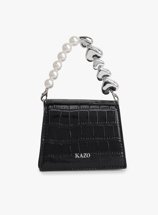 Kazo Women’s Black Faux Croc Textured Mini Shoulder Bag with Pearl & Heart Chain Strap | Stylish Crossbody Handbag for Party & Casual Use - Image 3
