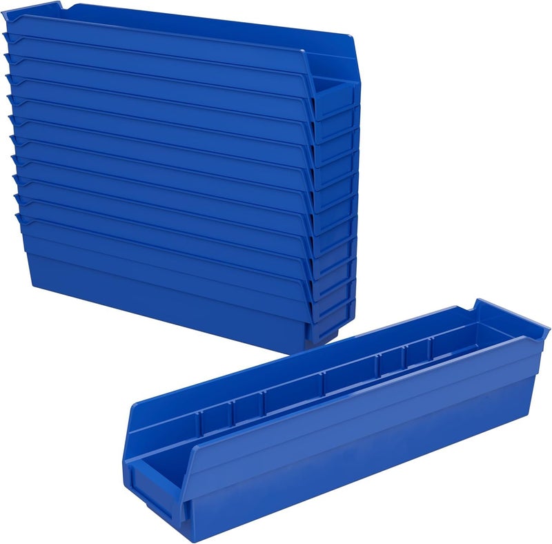 Akro-Mils 30128 Plastic Shelf Bins, Heavy Duty Storage Bins for Garage, Closet, and Drawer Organization, 18-Inch x 4-Inch x 4-Inch, Blue, 12-Pack - Image 1