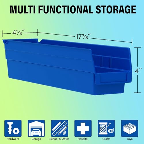 Akro-Mils 30128 Plastic Shelf Bins, Heavy Duty Storage Bins for Garage, Closet, and Drawer Organization, 18-Inch x 4-Inch x 4-Inch, Blue, 12-Pack - Image 2