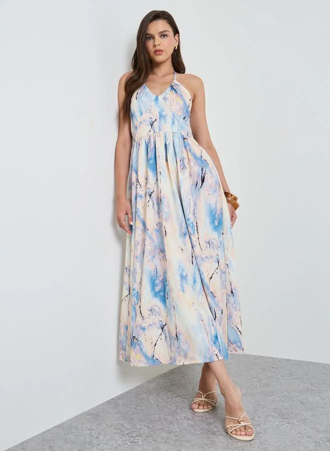 تايك تو Multi-Color Graphic Print Halter Neck A-Line Maxi Dress