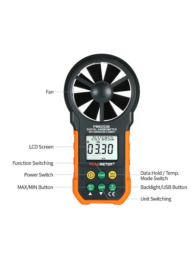 PEAKMETER - PEAKMETER Multifunction Digital Anemometer Professional Wind Speed Meter LCD Digital Anemometer Air Volume/Temperature/Humidity - Image 1