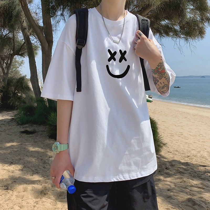 Short-Sleeved T-Shirt Men'S Summer Hong Kong-Style Trendy Ins Brand Smiley Printed Half Sleeve Loose All-Match Round Neck Half Sleeve - Image 1