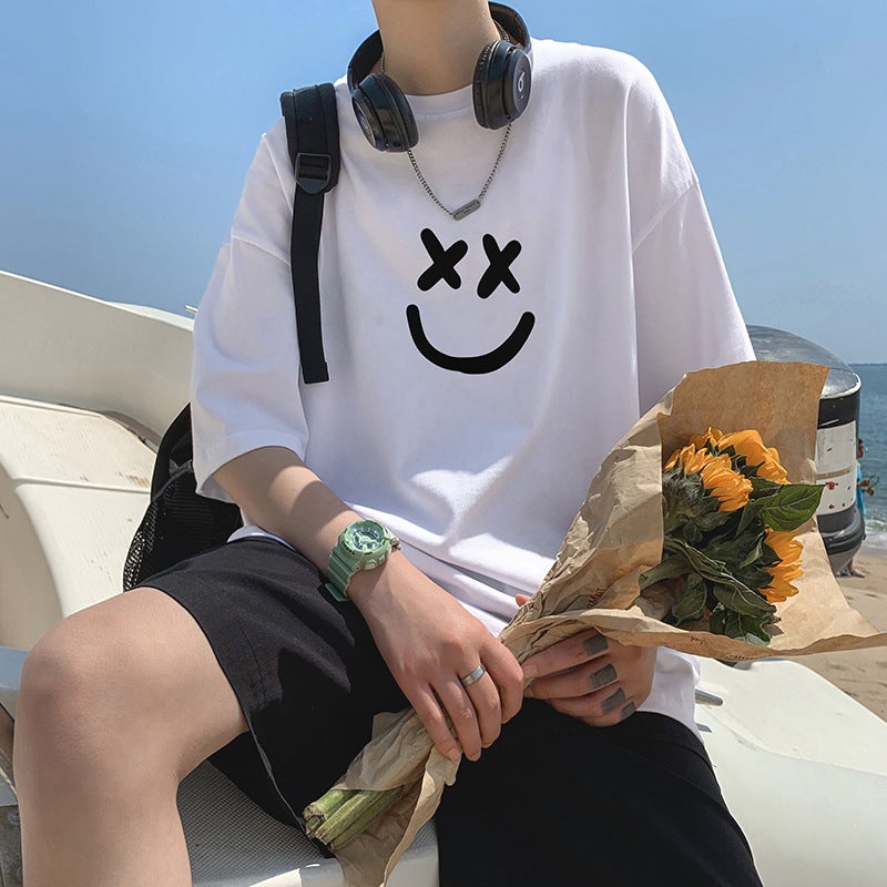 Short-Sleeved T-Shirt Men'S Summer Hong Kong-Style Trendy Ins Brand Smiley Printed Half Sleeve Loose All-Match Round Neck Half Sleeve - Image 4