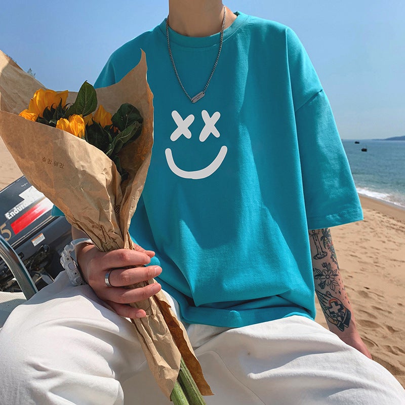 Short-Sleeved T-Shirt Men'S Summer Hong Kong-Style Trendy Ins Brand Smiley Printed Half Sleeve Loose All-Match Round Neck Half Sleeve - Image 2