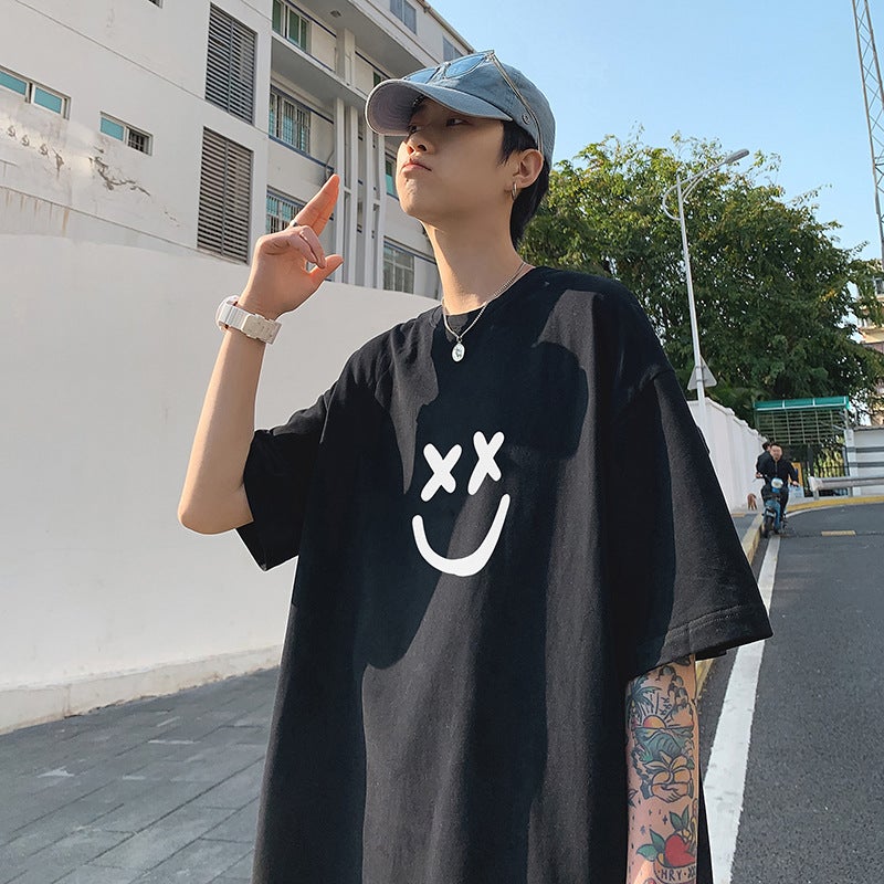 Short-Sleeved T-Shirt Men'S Summer Hong Kong-Style Trendy Ins Brand Smiley Printed Half Sleeve Loose All-Match Round Neck Half Sleeve - Image 3