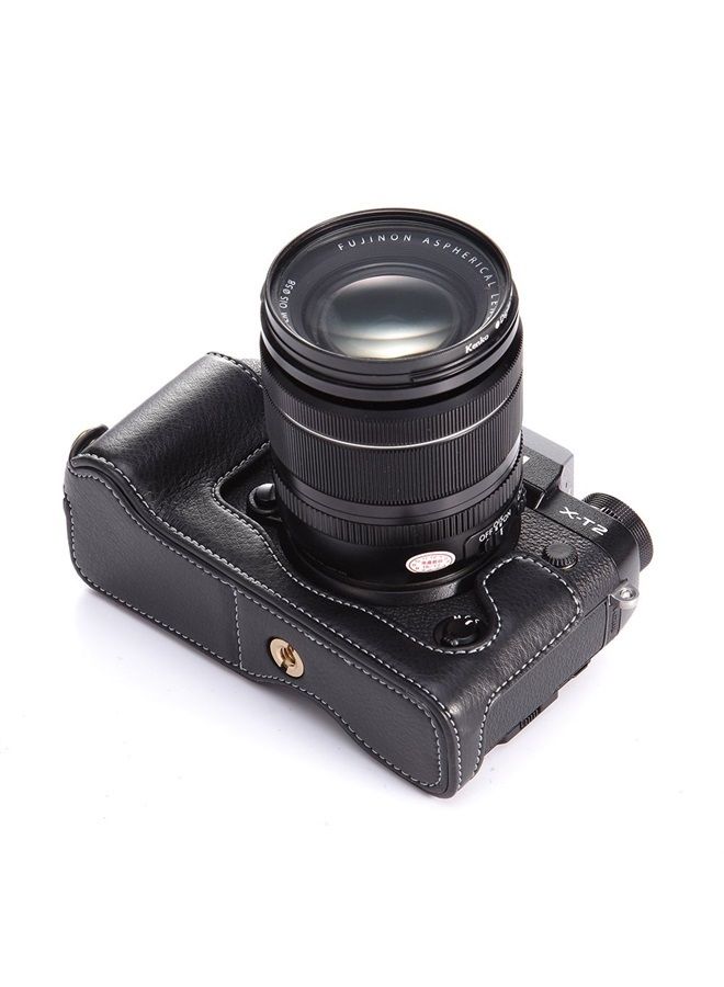 BolinUS X-T2 X-T3 Case, BolinUS Handmade Genuine Real Leather Half Camera Case Bag Cover for Fujifilm X-T2 Fuji XT2 Bottom Opening Version Hand Strap -Black - Image 2