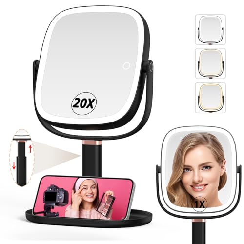 Mocado Makeup Mirror with Lights 1X20X Magnifying Mirror with Light Vanity Mirror with 3 Colors Lights Height Adjustable Lighted Makeup Mirror Double Sided 360Rotation Memory Function Black - Image 1