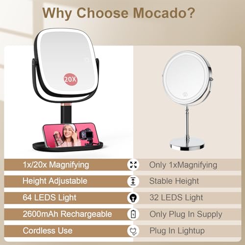Mocado Makeup Mirror with Lights 1X20X Magnifying Mirror with Light Vanity Mirror with 3 Colors Lights Height Adjustable Lighted Makeup Mirror Double Sided 360Rotation Memory Function Black - Image 3