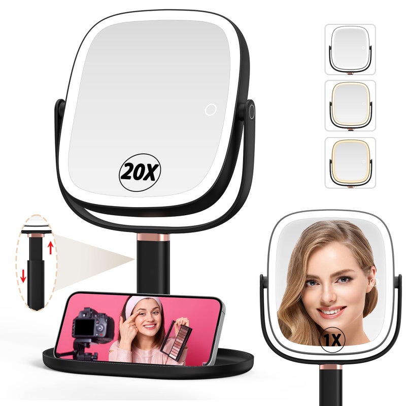 Mocado Makeup Mirror with Lights 1X20X Magnifying Mirror with Light Vanity Mirror with 3 Colors Lights Height Adjustable Lighted Makeup Mirror Double Sided 360Rotation Memory Function Black - Image 2