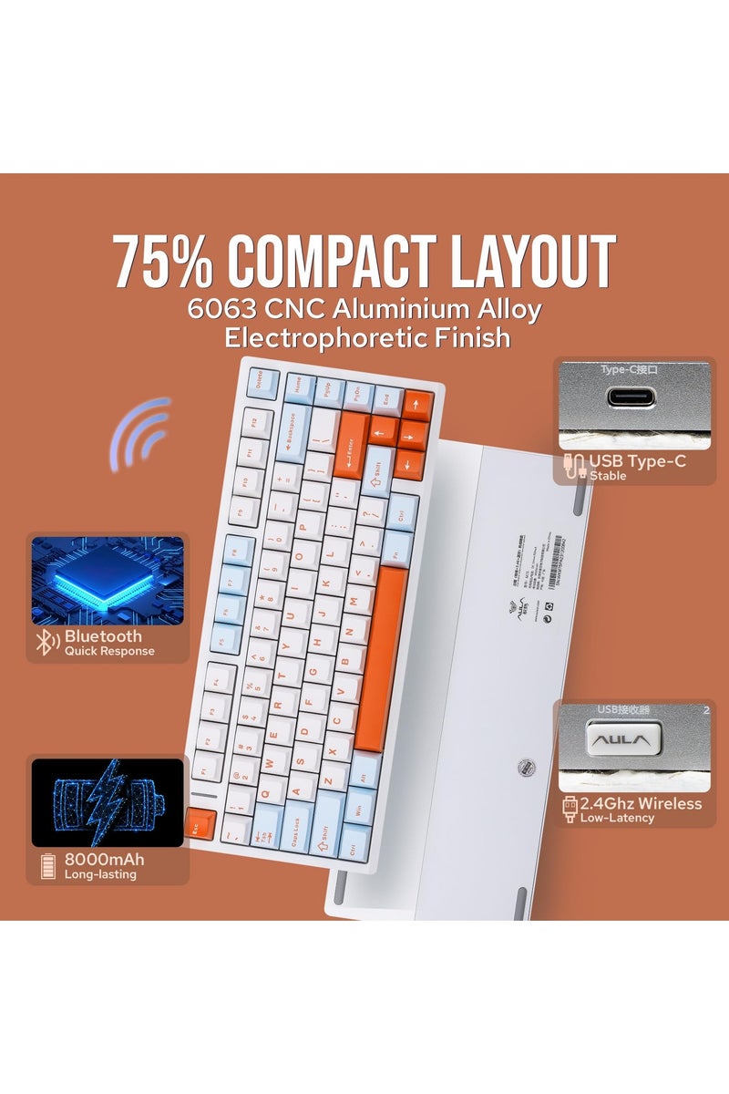 AULA M75 Wireless Gaming Keyboard with 8000mAh Battery, 75% CNC Aluminum Mechanical Keyboard, Hot Swappable Creamy Keyboard, RGB Backlight, NKRO for Games/Office - Image 3