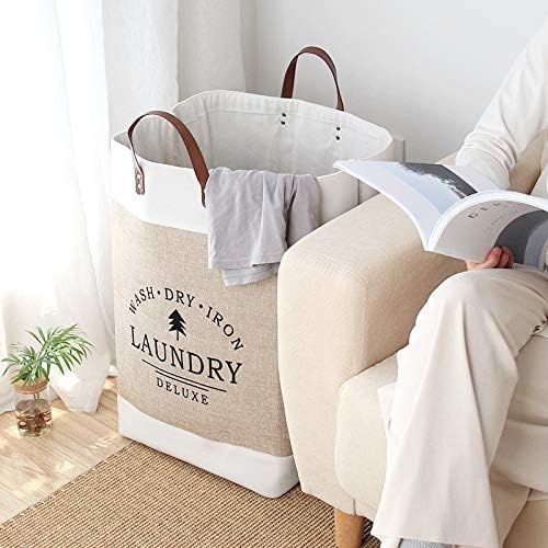 KEYOZA 14x22 Laundry Hamper Collapsible Storage Basket With Easy Carry Handles Waterproof Round Cotton Linen for Baby Products Toys Bedroom Hamper Khaki ThickenedLarge - Image 5
