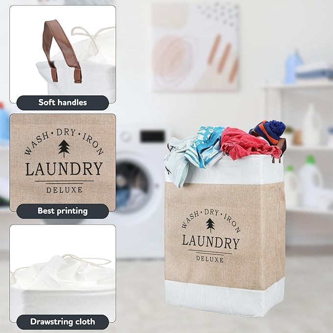 KEYOZA 14x22 Laundry Hamper Collapsible Storage Basket With Easy Carry Handles Waterproof Round Cotton Linen for Baby Products Toys Bedroom Hamper Khaki ThickenedLarge - Image 2