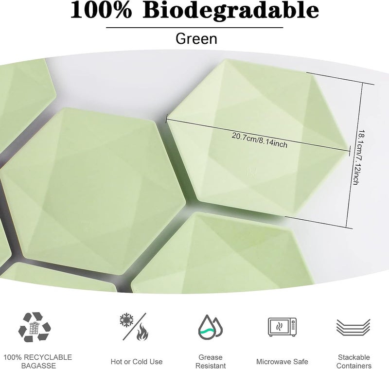 BangShou 30 Pack 8 Inch Disposable Paper Plates  Green Hexagon Platters  100% Biodegradable Green Dessert Plates for Wedding  Birthday  Party - Image 2