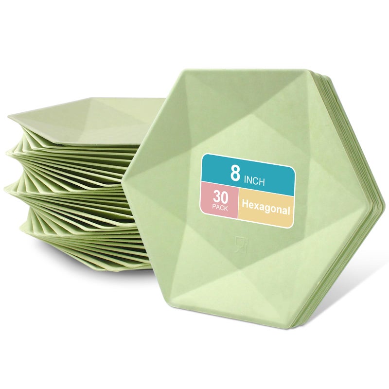 BangShou 30 Pack 8 Inch Disposable Paper Plates  Green Hexagon Platters  100% Biodegradable Green Dessert Plates for Wedding  Birthday  Party - Image 1