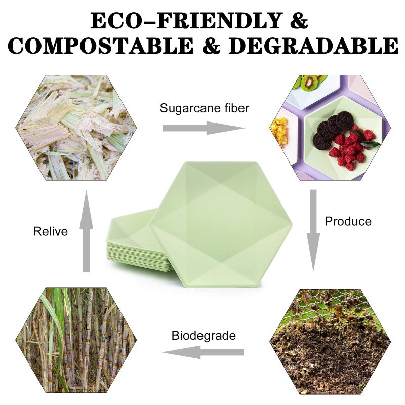 BangShou 30 Pack 8 Inch Disposable Paper Plates  Green Hexagon Platters  100% Biodegradable Green Dessert Plates for Wedding  Birthday  Party - Image 5
