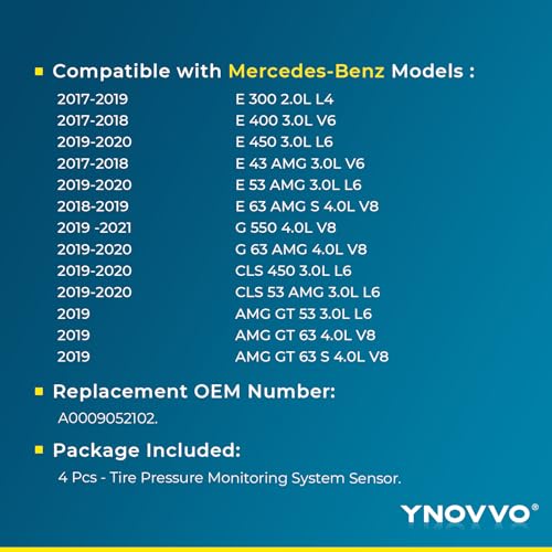 Ynovvo A0009052102 4 Pcs 433MHz Pre-Programmed TPMS Sensor Tire Pressure Monitor Sensors Fit for Mercedes-Benz E300 E400 E450 for Mercedes-Benz AMG GT 53/63/63S 2017-2021 - Image 2