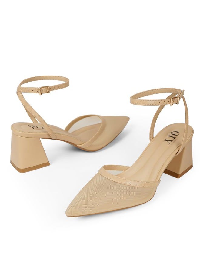 QIY Closed Toe Heels for Women Ankle Strap Pointed Toe Slingback Chunky Low Heels Womens Pumps Wedding Dress Shoes, Nude Mesh, 7.5 - Image 5