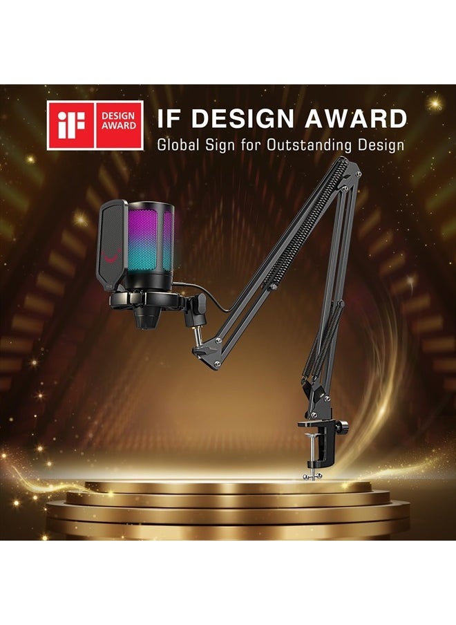 Gaming PC USB Microphone, Podcast Condenser Mic with Boom Arm, Pop Filter, Mute Button for Streaming, Twitch, Online Chat, RGB Computer Mic for PS4/5 PC Gamer Youtuber-AmpliGame A6T