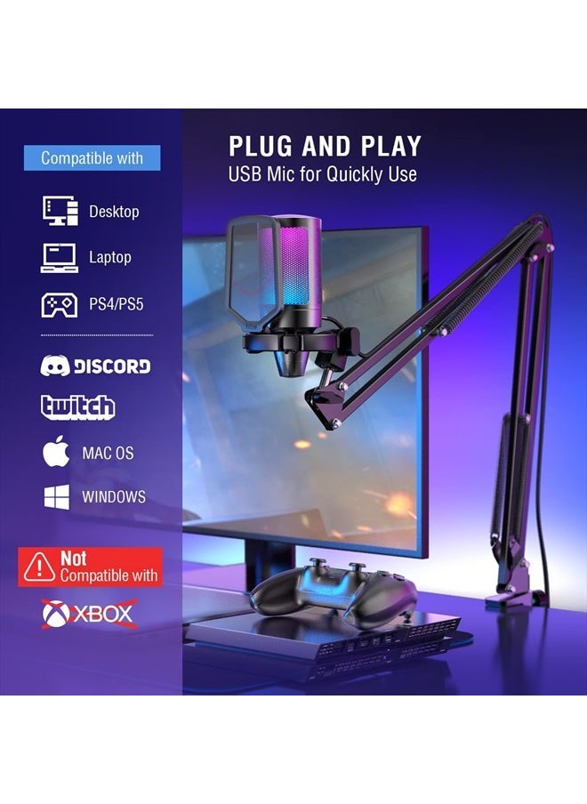 Gaming PC USB Microphone, Podcast Condenser Mic with Boom Arm, Pop Filter, Mute Button for Streaming, Twitch, Online Chat, RGB Computer Mic for PS4/5 PC Gamer Youtuber-AmpliGame A6T