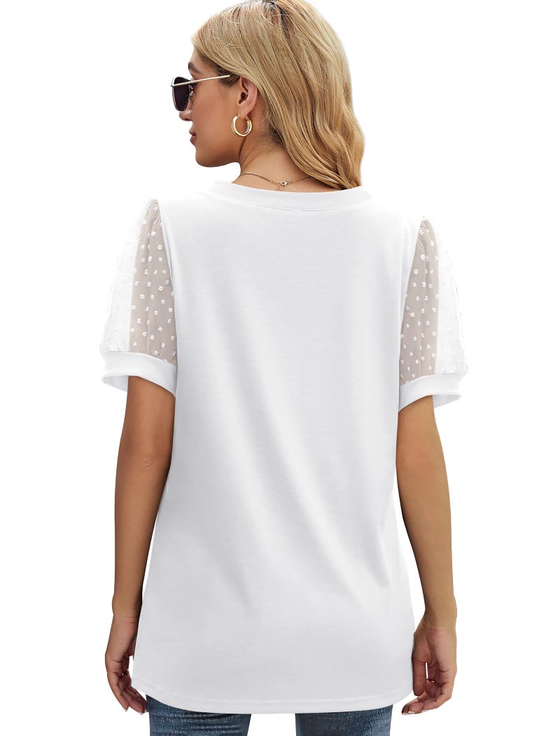 Aokosor Womens Summer Tops V Neck Swiss Dot Puff Sleeve Tshirts Dressy Business Casual Travel Outfits Beach Vacation Clothes for Women White Shirts L - Image 4