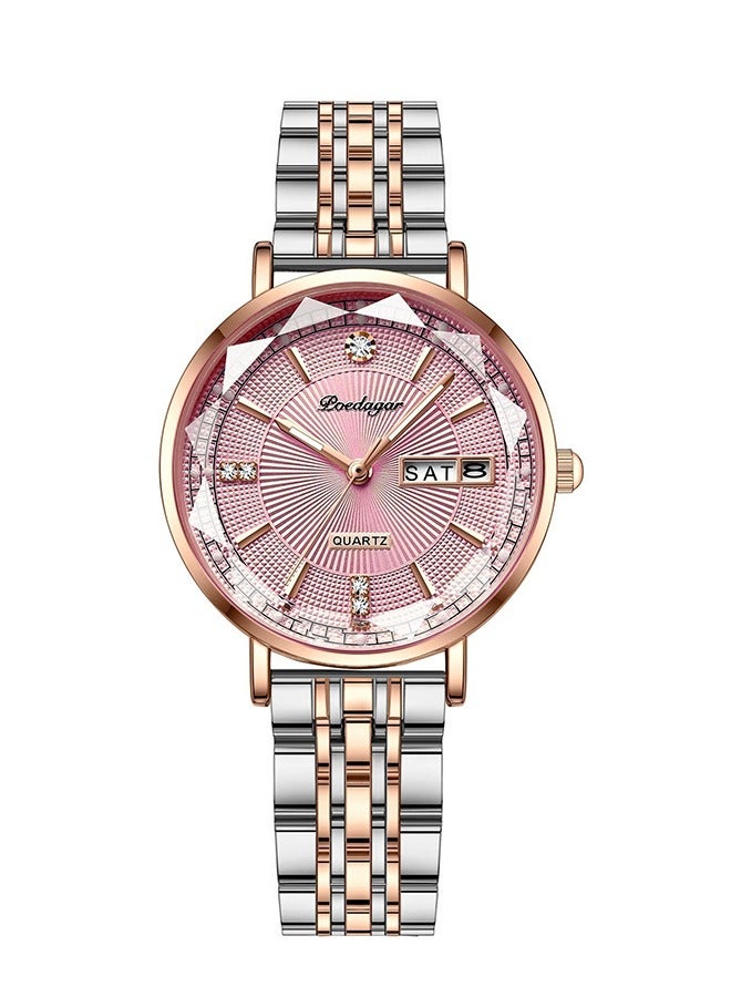POEDAGAR ​​POEDAGAR Women's Dual Calendar Watch - Rose Gold-Tone Case with Pink Dial, Stainless Steel Bracelet, Fashionable Design for Daily Wear and Social Events​​  - Image 1