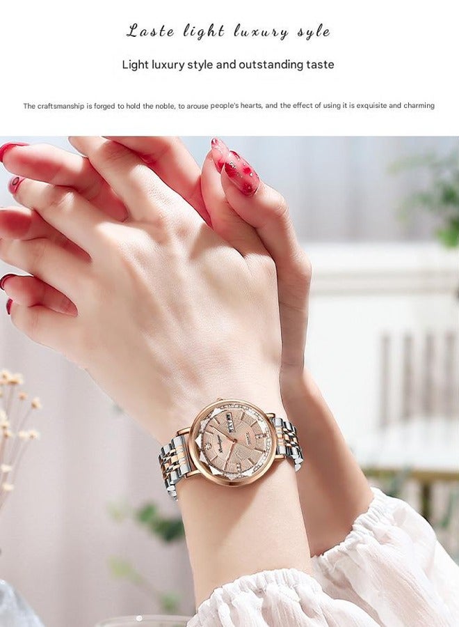 POEDAGAR ​​POEDAGAR Women's Dual Calendar Watch - Rose Gold-Tone Case with Pink Dial, Stainless Steel Bracelet, Fashionable Design for Daily Wear and Social Events​​  - Image 3