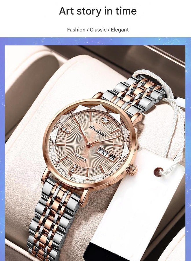 POEDAGAR ​​POEDAGAR Women's Dual Calendar Watch - Rose Gold-Tone Case with Pink Dial, Stainless Steel Bracelet, Fashionable Design for Daily Wear and Social Events​​  - Image 4