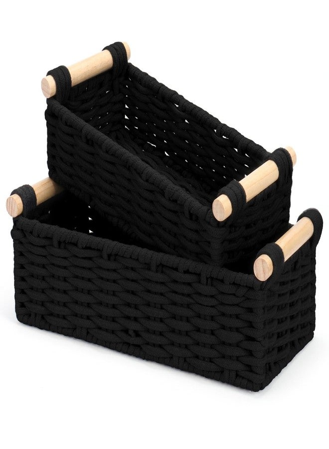 Jukercici Boho Cotton Rope Storage Baskets Set of 2, Woven Wicker Organizer Bins with Wooden Handles, Small Decorative Boxes for Organizing, Toilet Paper Baskets for Bathroom Countertop, Shelves (Black 2 Pack) - Image 1